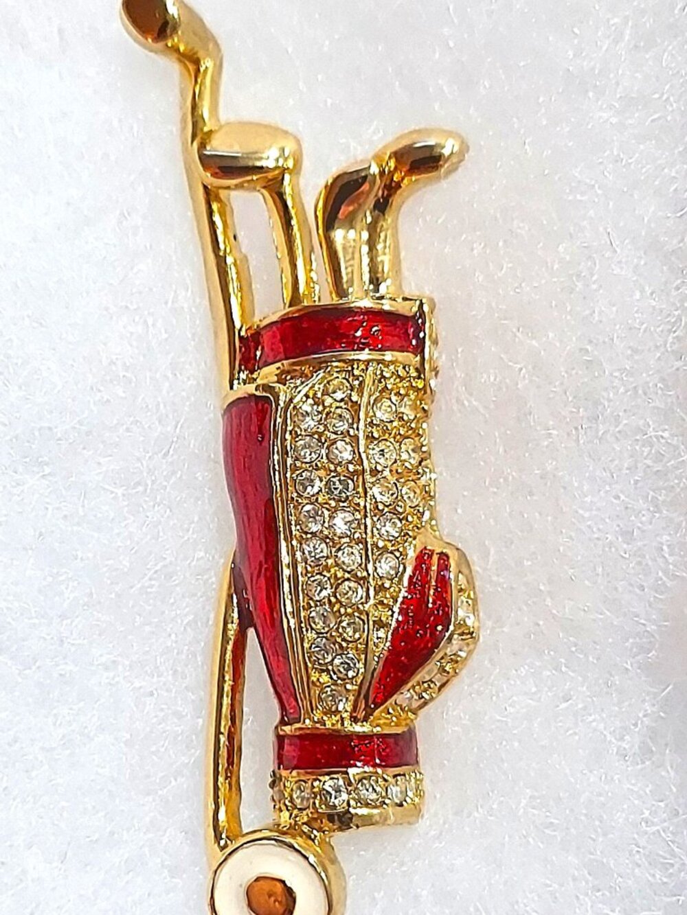 New GOLF Bag Pin Brooch Red, Gold & Sparkly Rhinestones